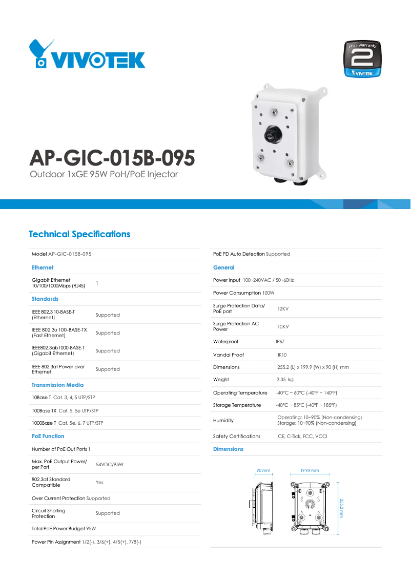 Page 1 de la notice Fiche technique Vivotek AP-GIC-015B-095