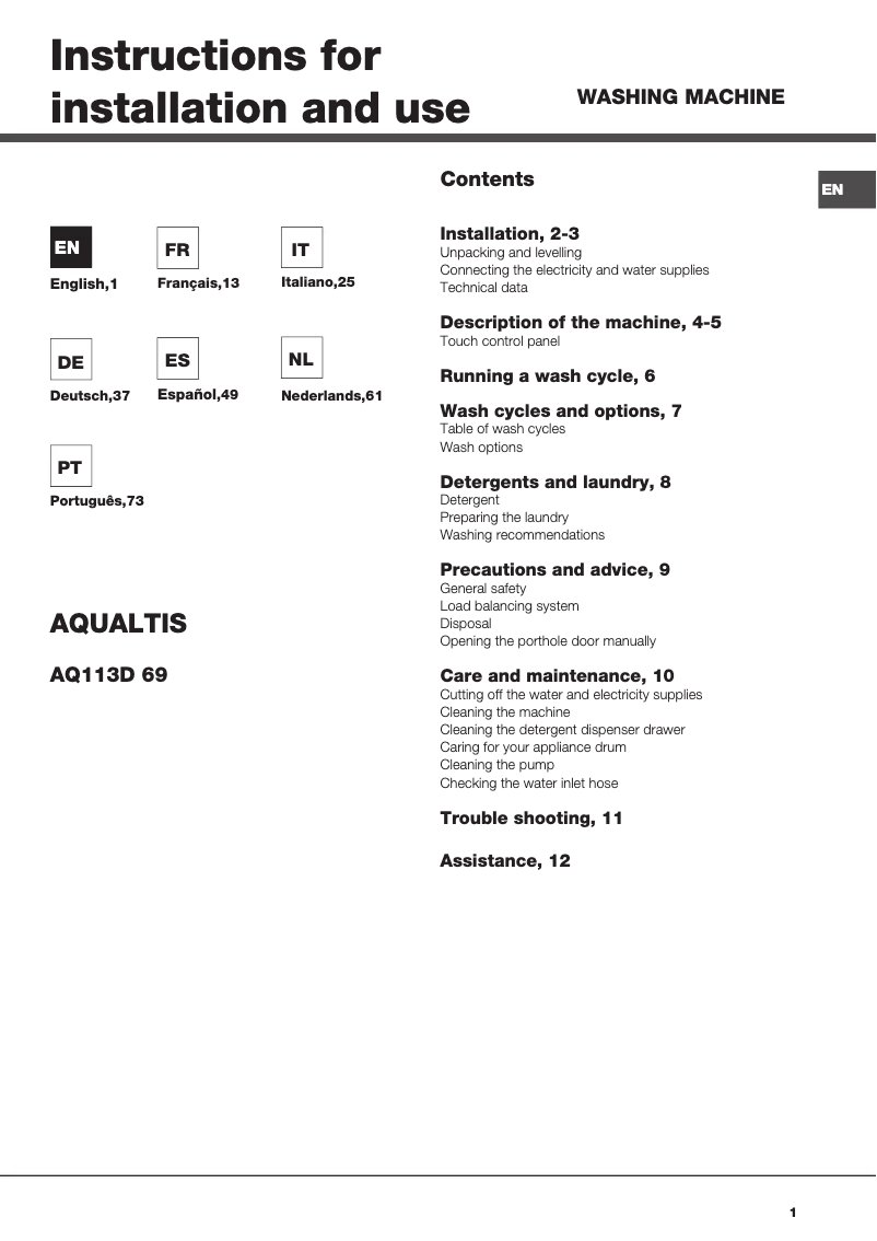 Page n°1 - Manuel utilisateur Hotpoint Ariston AQ113D 69
