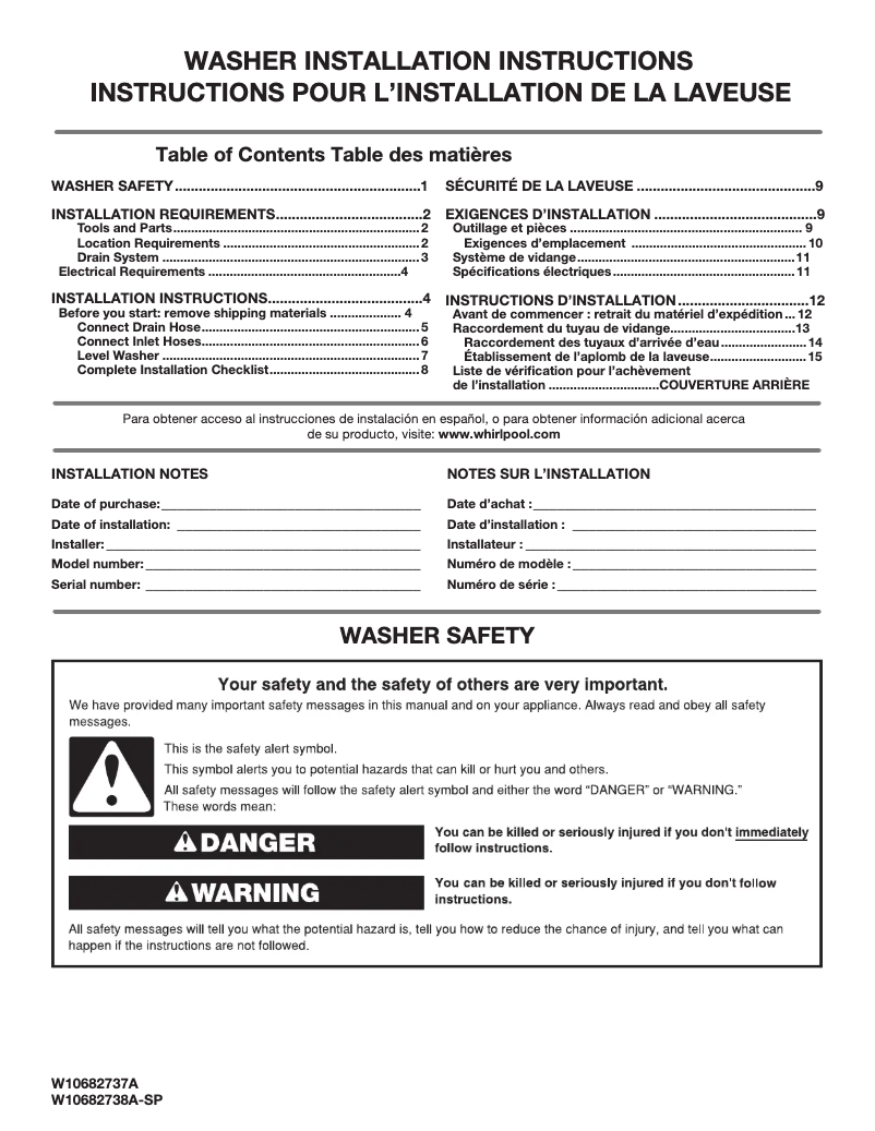 Page n°1 - Guide d'installation Whirlpool WTW8000D