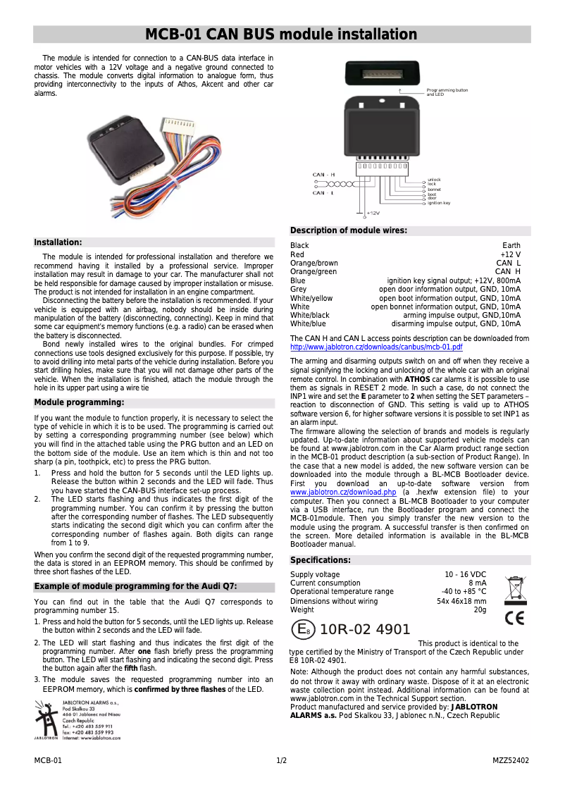 Page 1 de la notice Manuel utilisateur Joblotron MCB-01