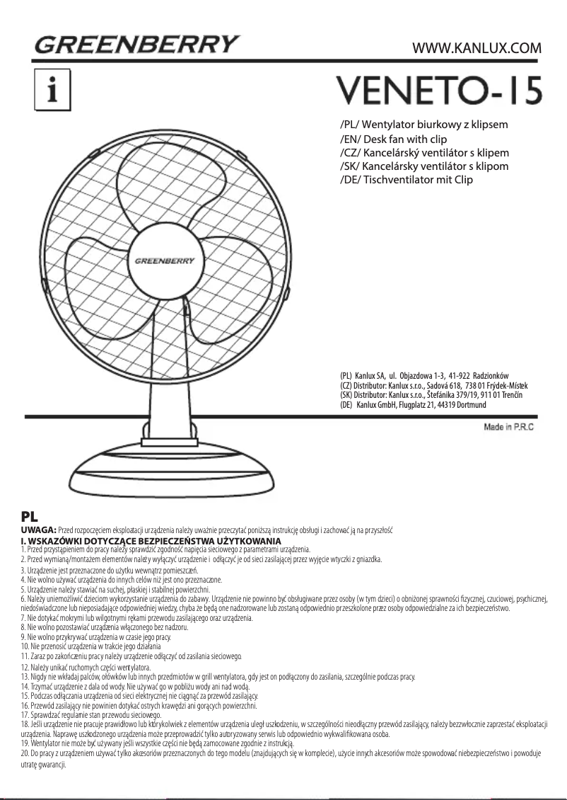 Image de la première page du manuel de l'appareil VENETO-15