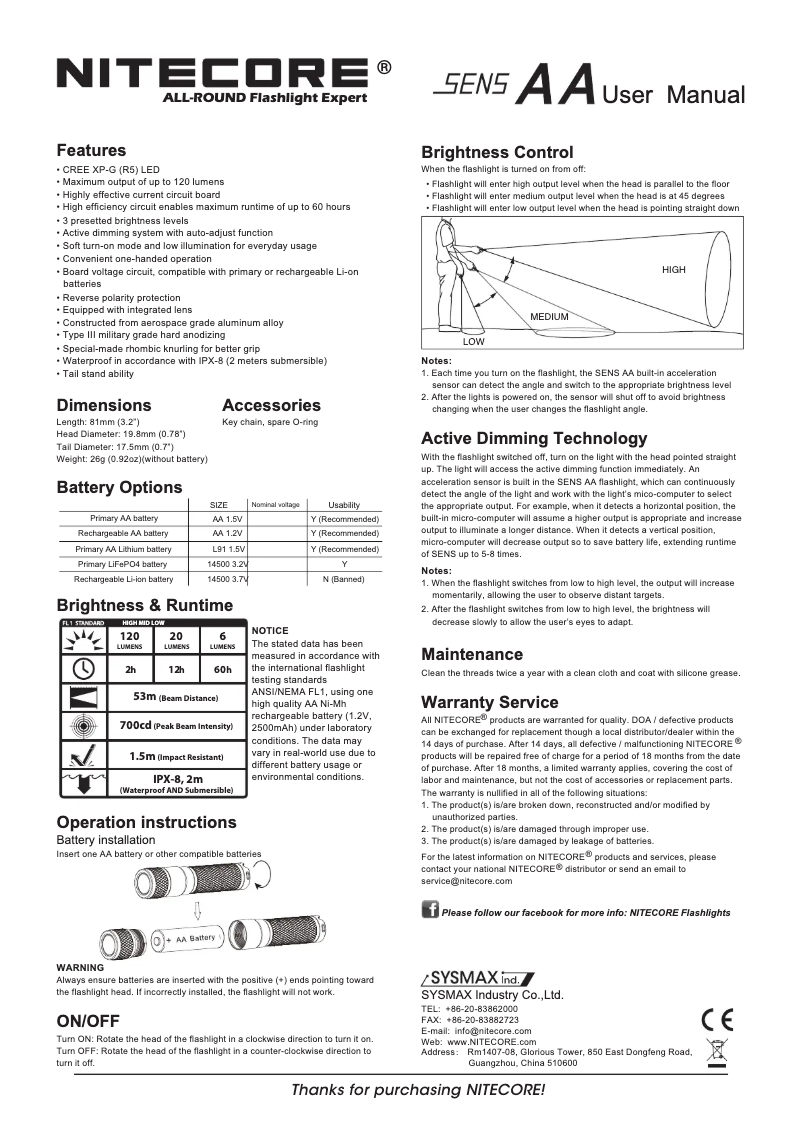 Page 1 de la notice Manuel utilisateur Nitecore SENS AA