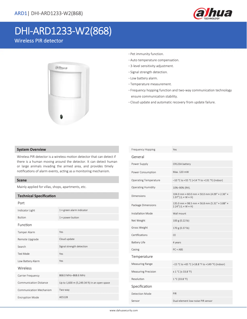 Page 1 de la notice Fiche technique Dahua Technology ARD1233-W2