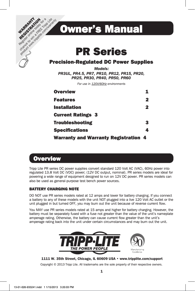 Page 1 de la notice Manuel utilisateur Tripp Lite PR3/UL