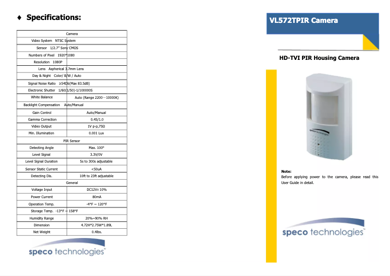 Page 1 de la notice Manuel utilisateur Speco Technologies VL572TPIR