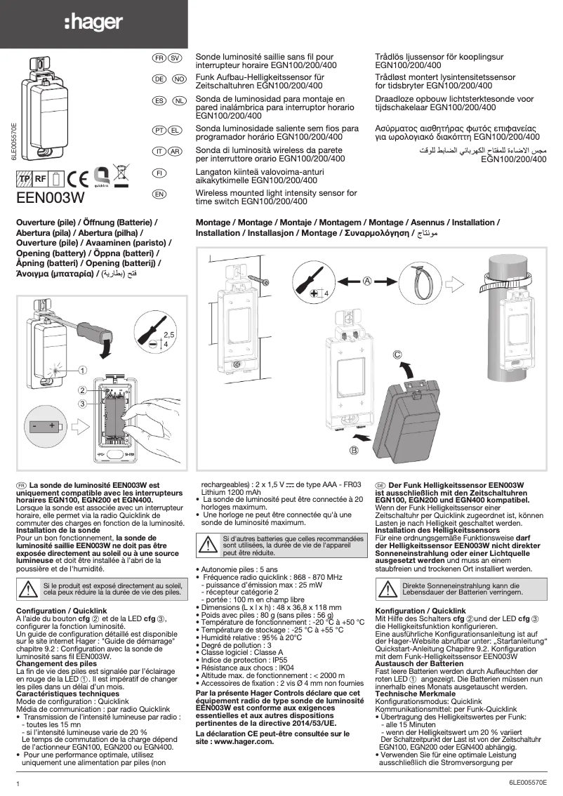 Page 1 de la notice Instructions / montage Hager EEN003W