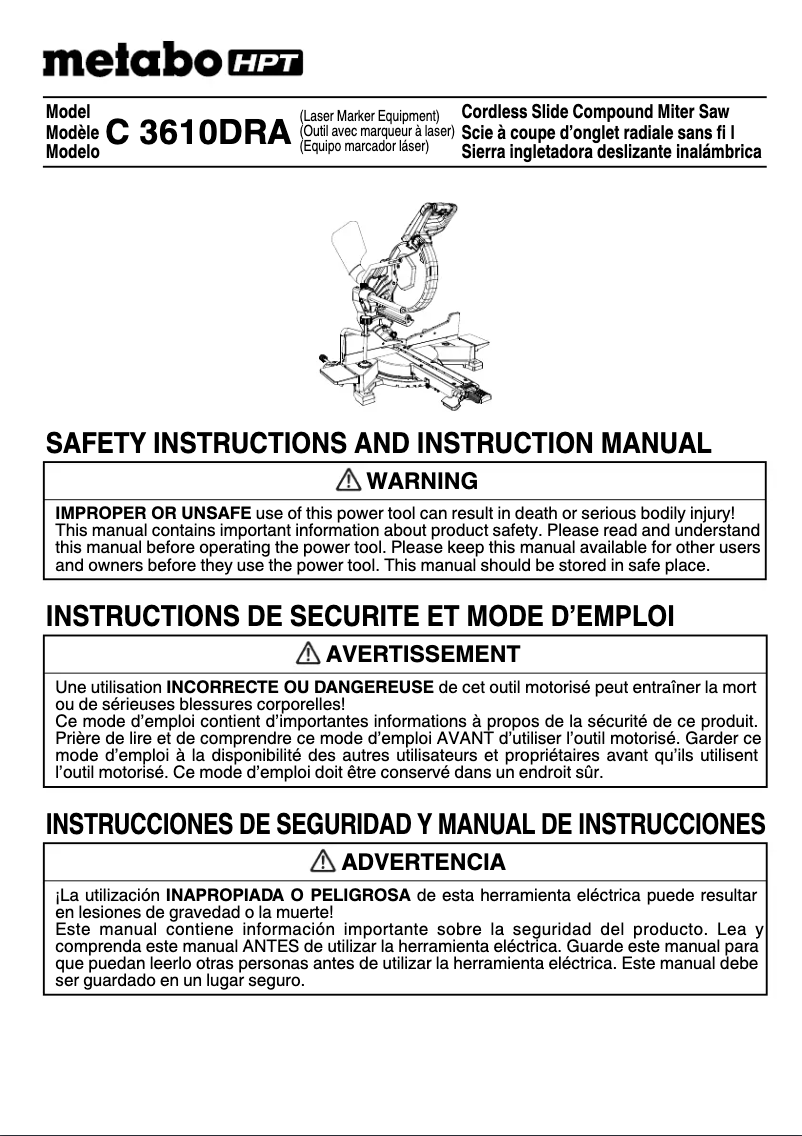 Page 1 de la notice Manuel utilisateur HiKOKI C3610DRA