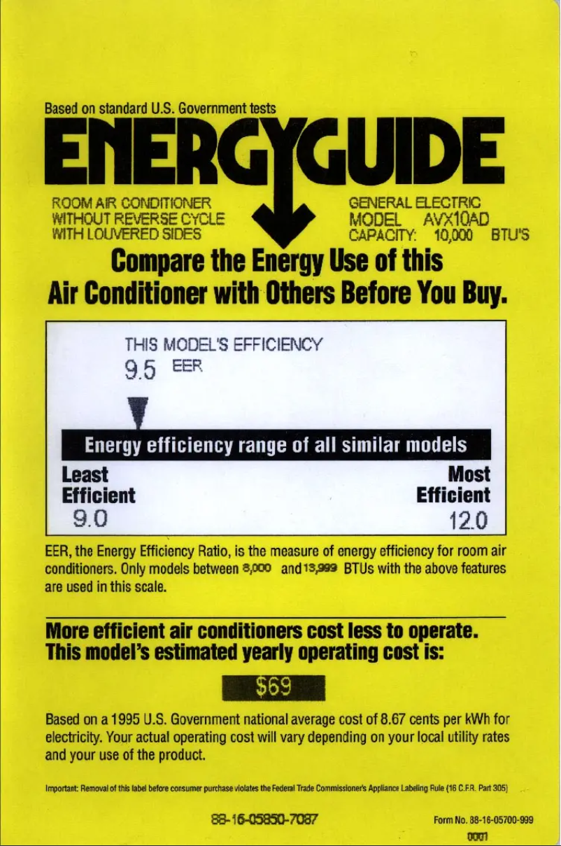 Page 1 de la notice Label énergétique GE AVX10AD