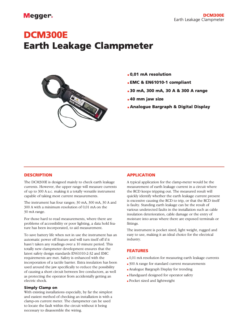 Page 1 de la notice Fiche technique Megger DCM300E