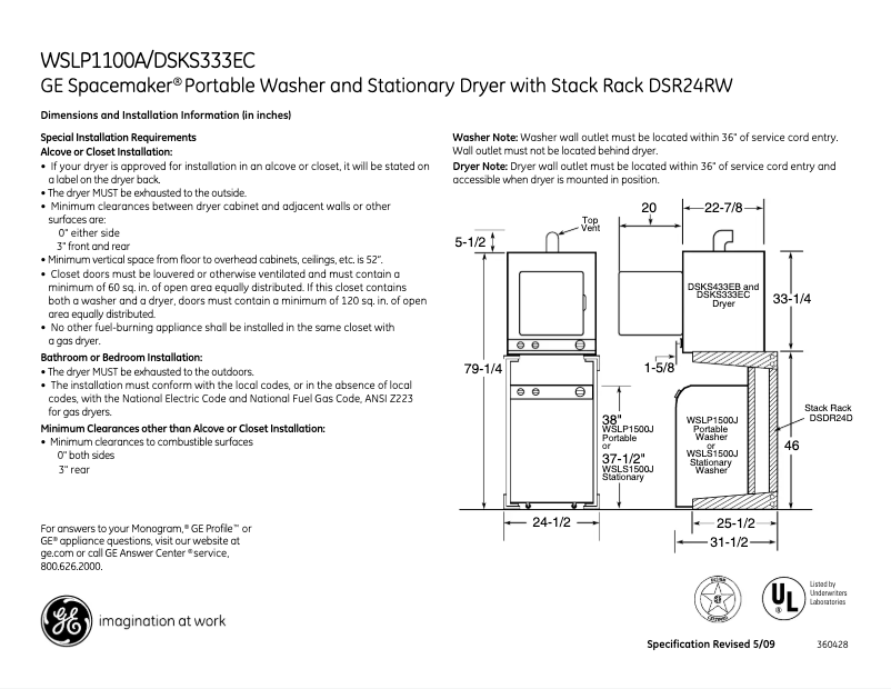 Page 1 de la notice Fiche technique GE WSLP1100AWW