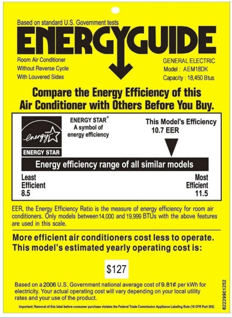 Page 1 de la notice Label énergétique GE AEM18DK