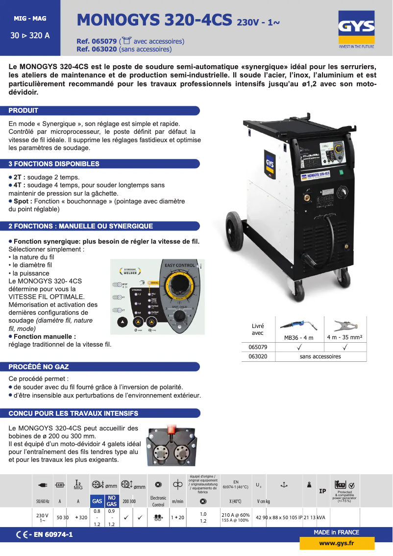 Page n°1 - Fiche technique GYS Monogys 320-4Cs
