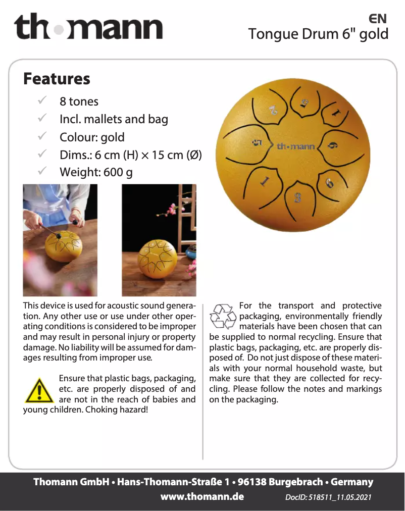 Page 1 de la notice Manuel utilisateur Thomann Tongue Drum 6