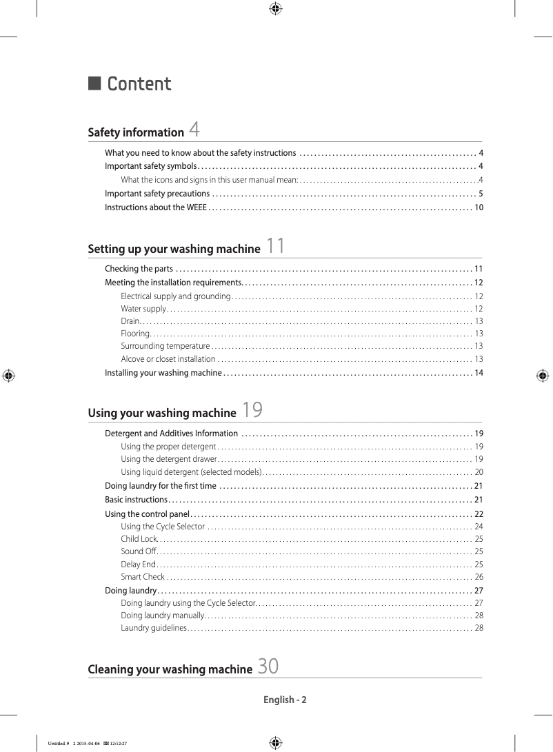 Page n°1 - Guide d'installation Samsung WF60F4E5W2X
