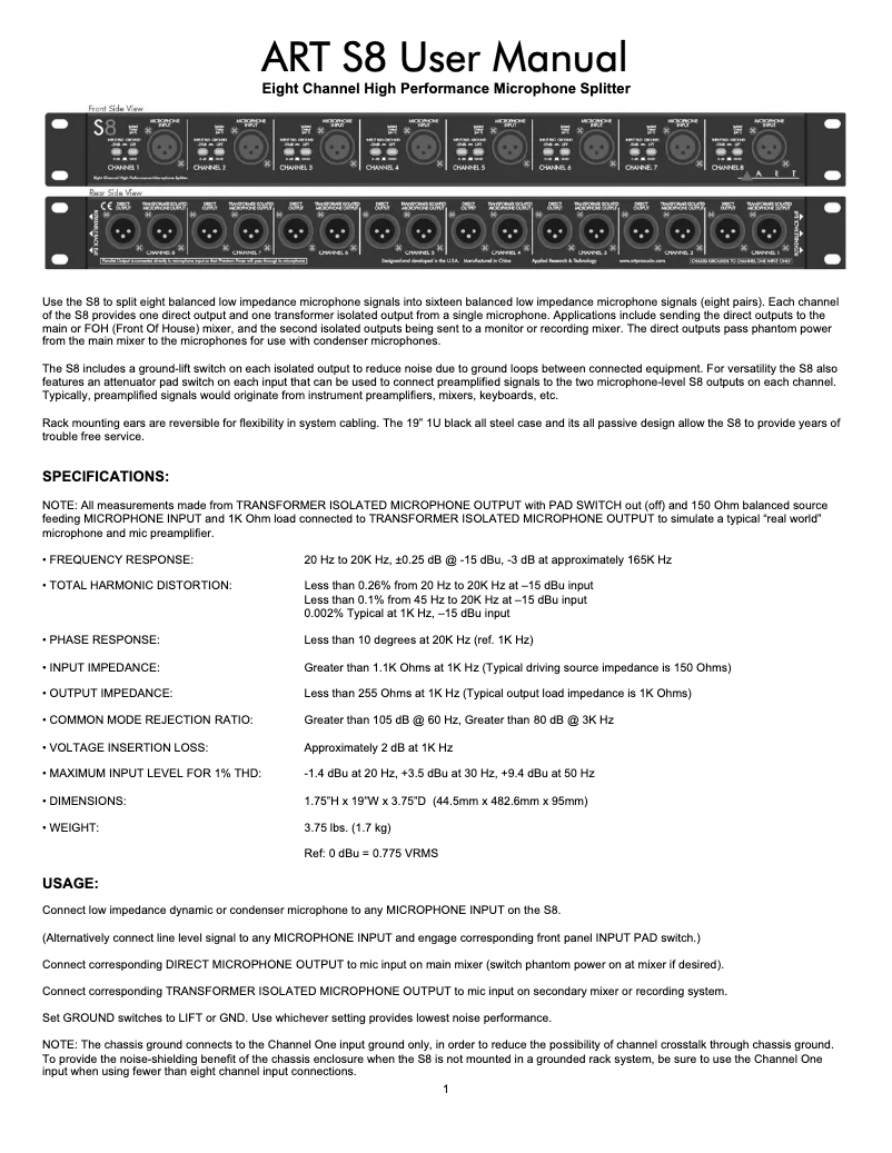 Page 1 de la notice Manuel utilisateur ART S8