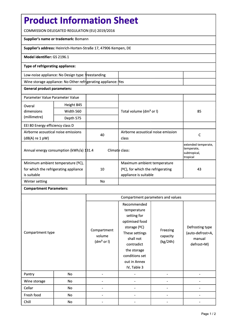 Page 1 de la notice Fiche technique Bomann GS 2196.1