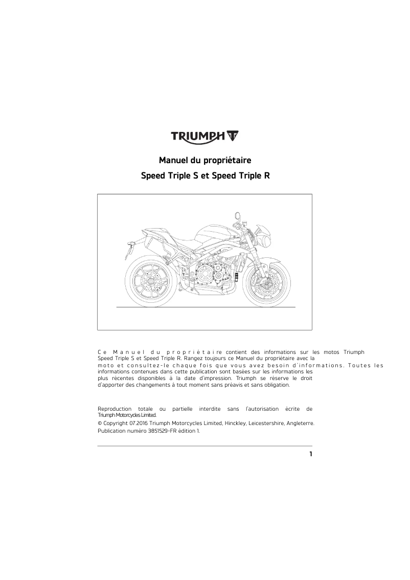 Page 1 de la notice Manuel utilisateur Triumph Speed Triple R (2016)