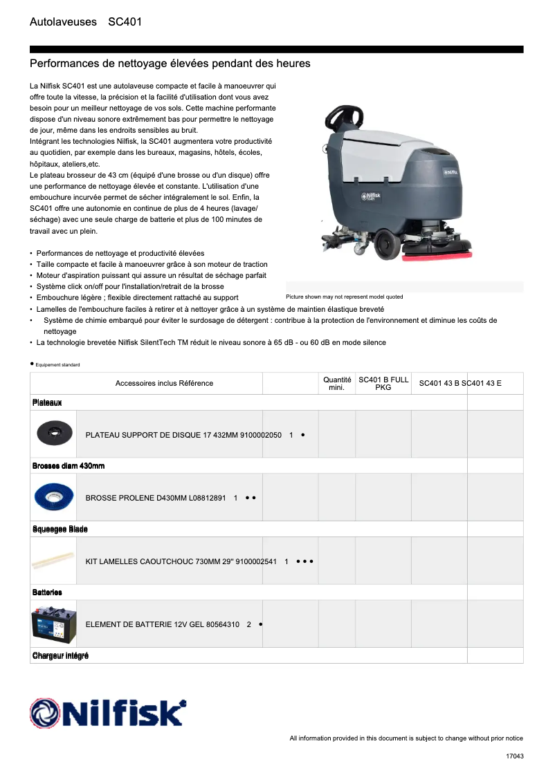 Page 1 de la notice Fiche technique Nilfisk SC401