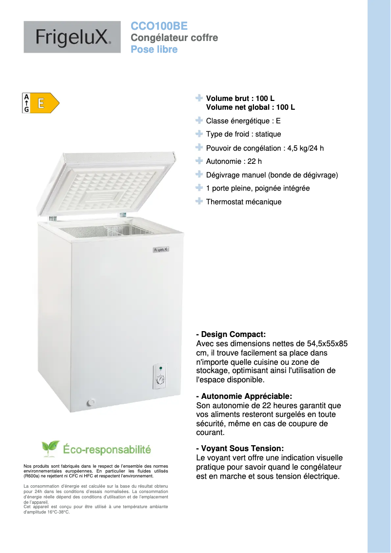 Page n°1 - Fiche technique FrigeluX CCO100BE
