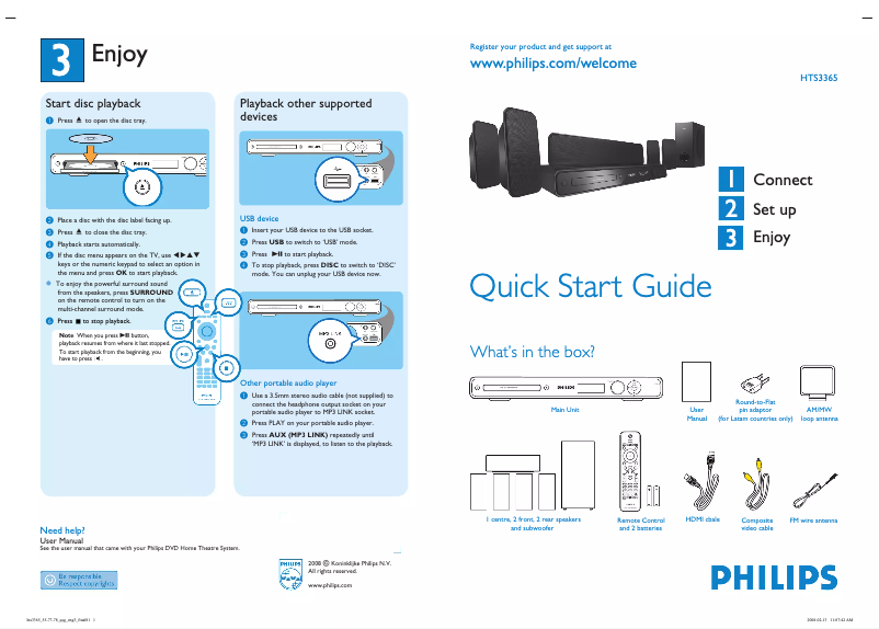 Page n°1 - Guide de démarrage rapide Philips HTS3365