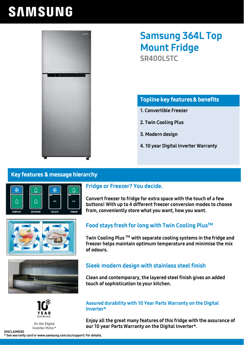 Page 1 de la notice Fiche technique Samsung SR400LSTC