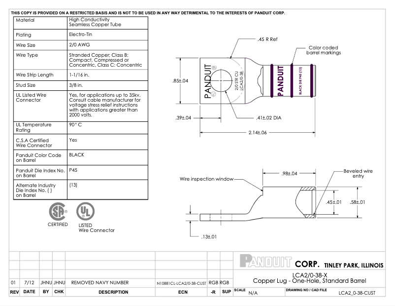 Page 1 de la notice Dessin technique Panduit LCA2/0-38-X