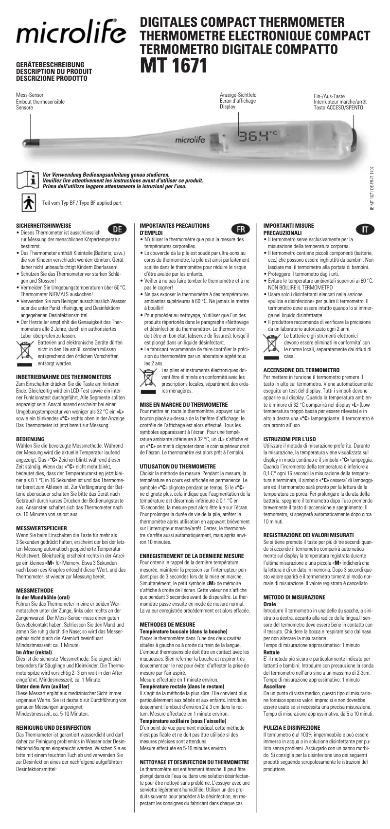Page n°1 - Manuel utilisateur Microlife MT 1671