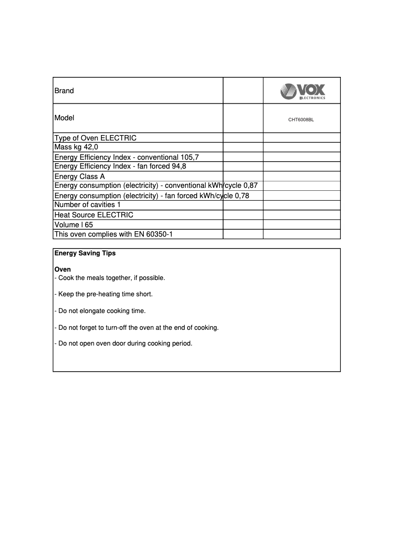 Page 1 de la notice Manuel utilisateur VOX CHT6008BL