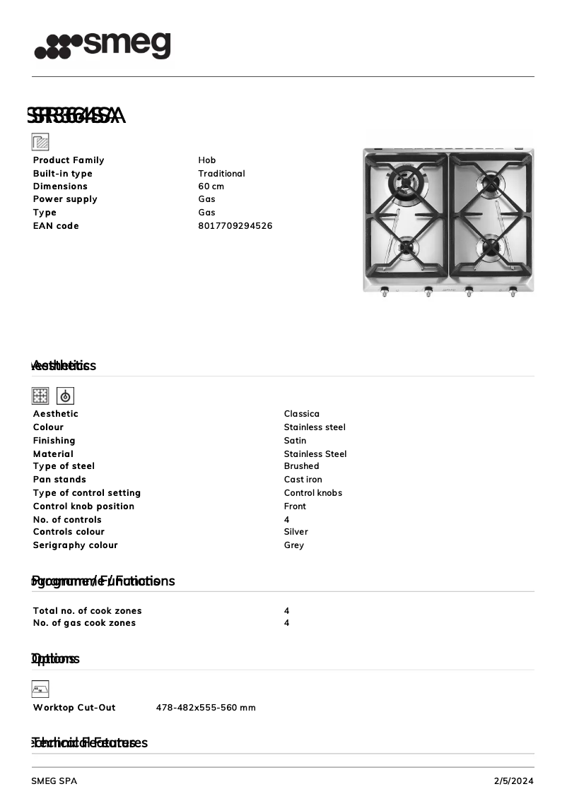 Page 1 de la notice Fiche technique Smeg SR364SA