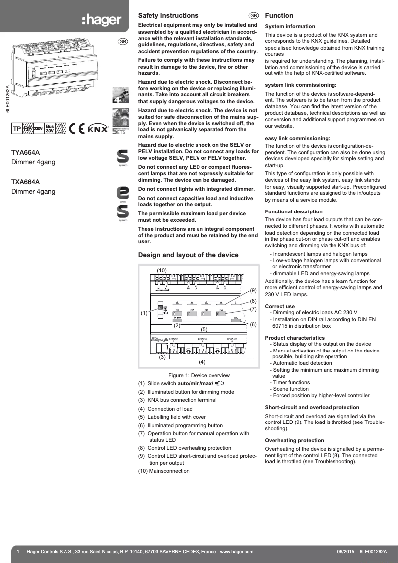 Page 1 de la notice Manuel utilisateur Hager TXA664A