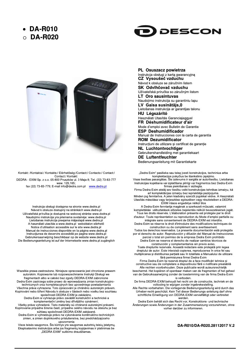 Page n°1 - Manuel utilisateur DEDRA DA-R010