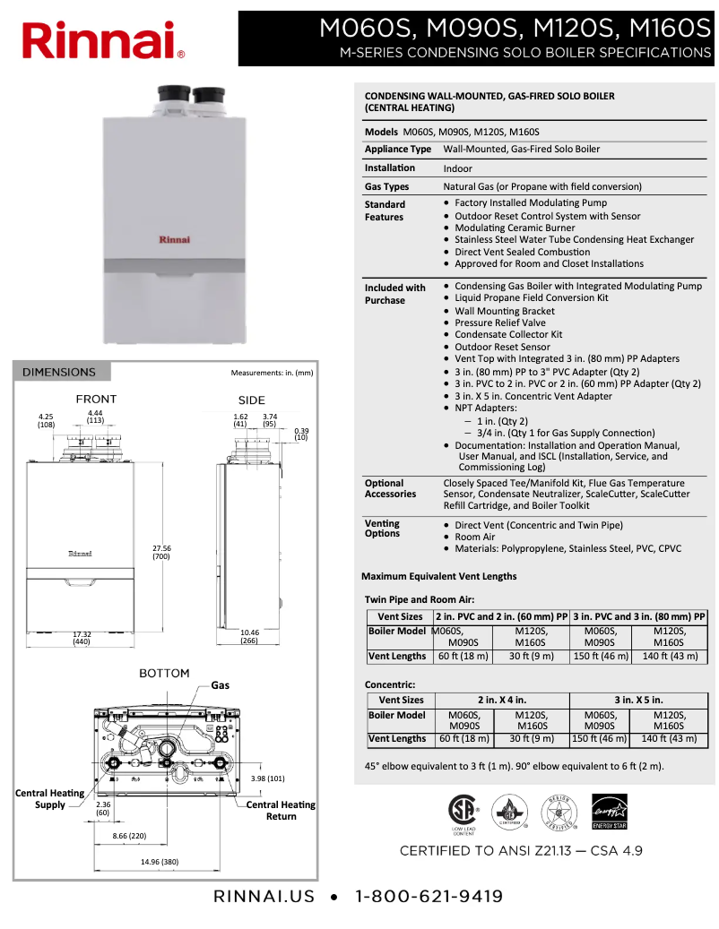 Page 1 de la notice Fiche technique Rinnai M120SN
