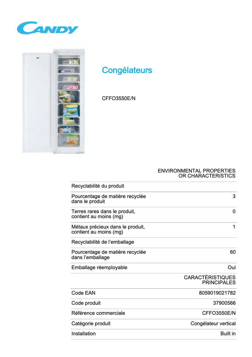 Page n°1 - Fiche technique Candy CFFO3550E/N