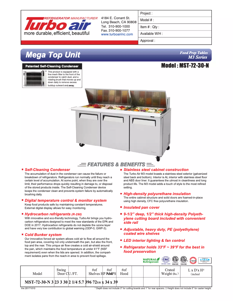 Page 1 de la notice Fiche technique Turbo air MST-72-30