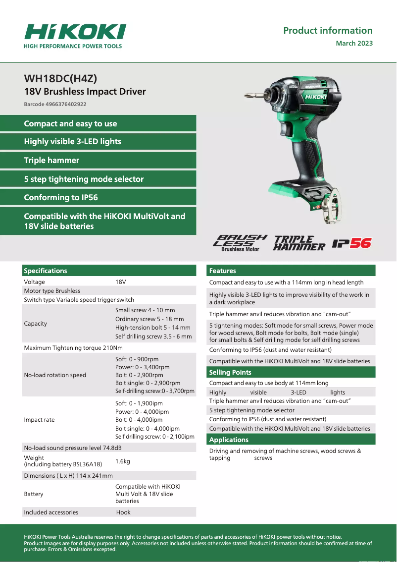 Page 1 de la notice Fiche technique HiKOKI WH18DC
