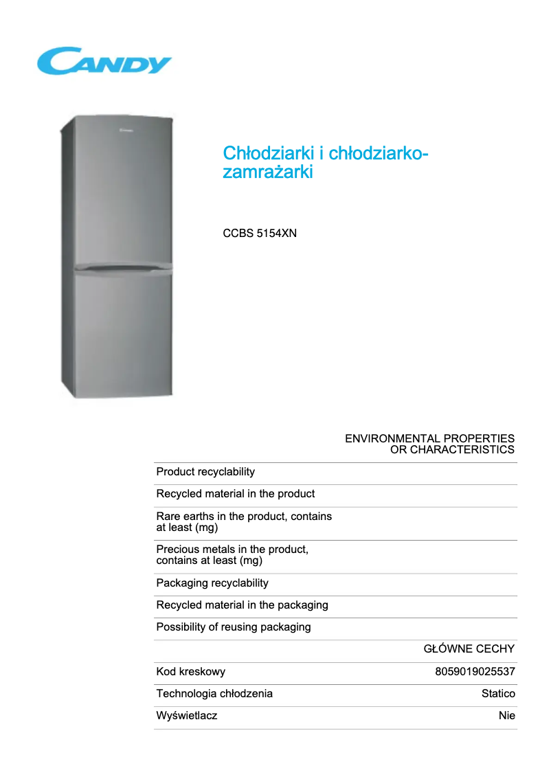 Page 1 de la notice Fiche technique Candy CCBS 5154XN