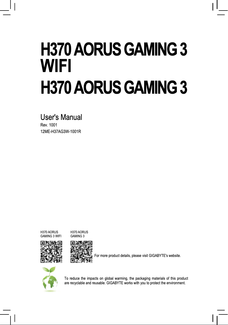 Page 1 de la notice Manuel utilisateur Gigabyte H370 Aorus Gaming 3 Wifi