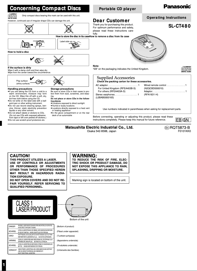 Page 1 de la notice Manuel utilisateur Panasonic SL-CT480