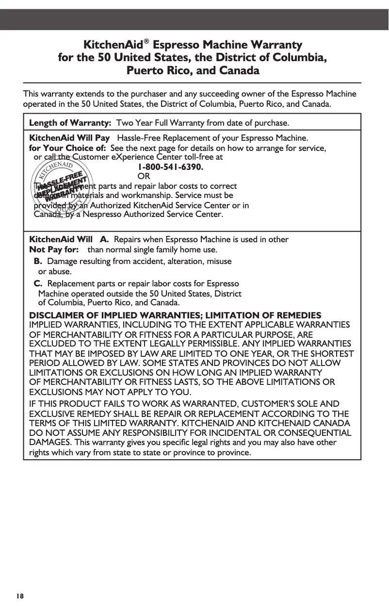 Page 1 de la notice Informations de garantie KitchenAid KES0504