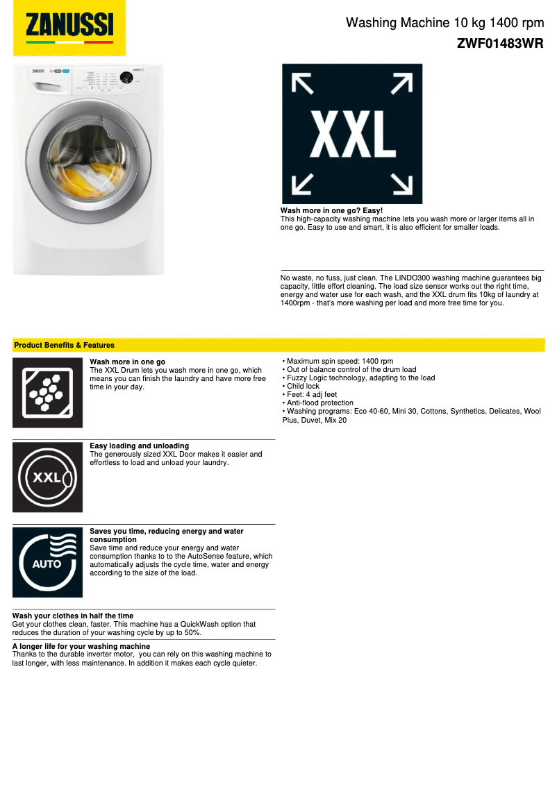 Page n°1 - Fiche technique Zanussi ZWF01483WR