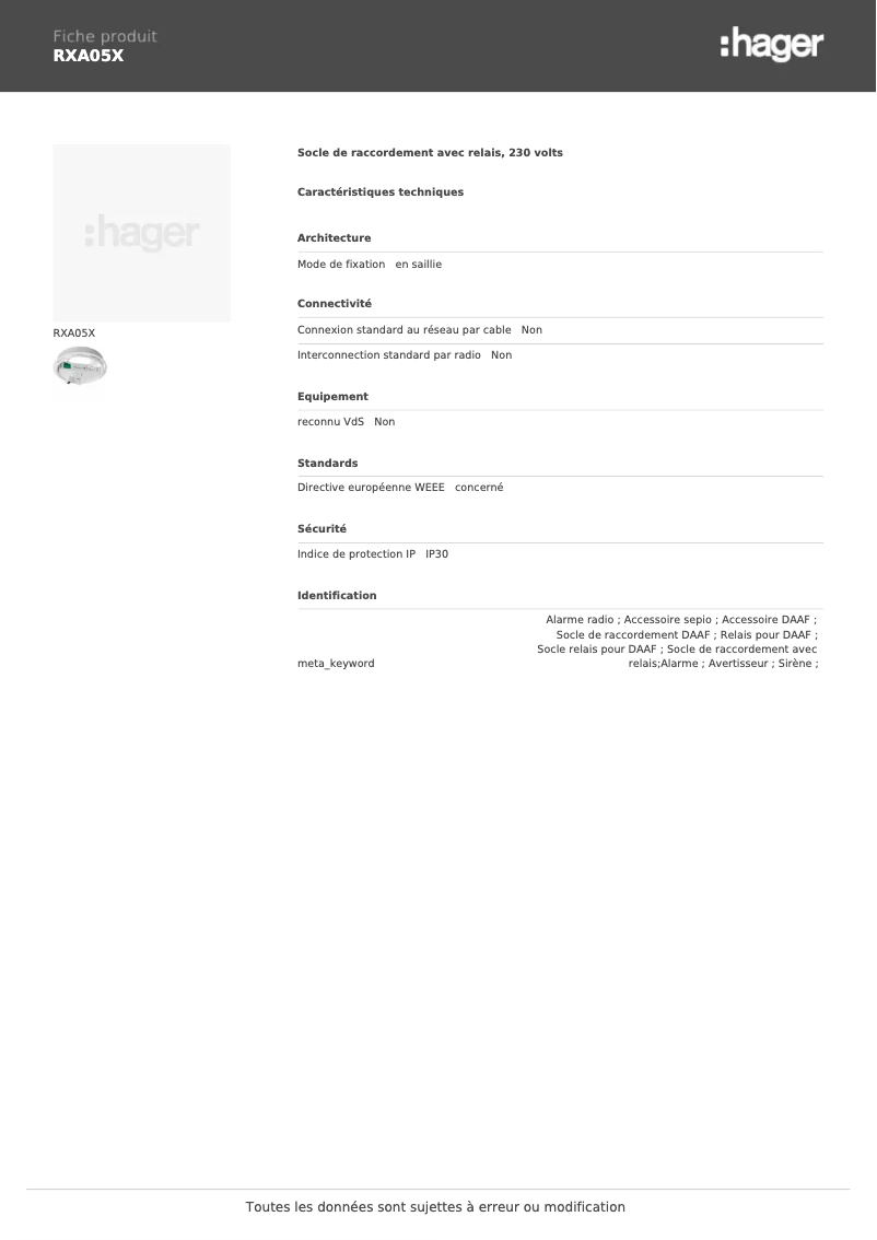 Page 1 de la notice Fiche technique Hager RXA05X