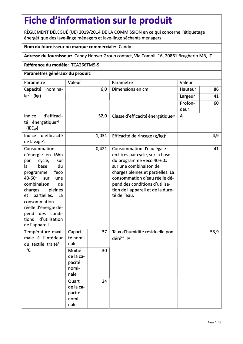 Image de la première page du manuel de l'appareil TCA266TM5-S