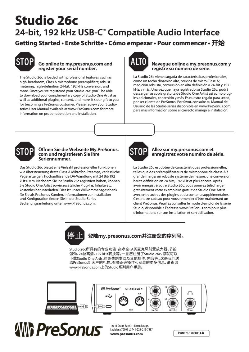 Page 1 de la notice Guide de démarrage rapide PreSonus Studio 26c