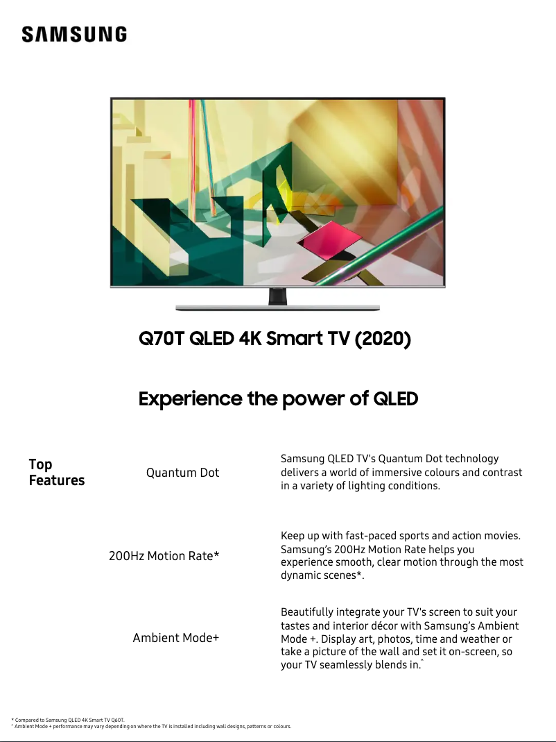 Page 1 de la notice Fiche technique Samsung QA55Q70TAWXXY