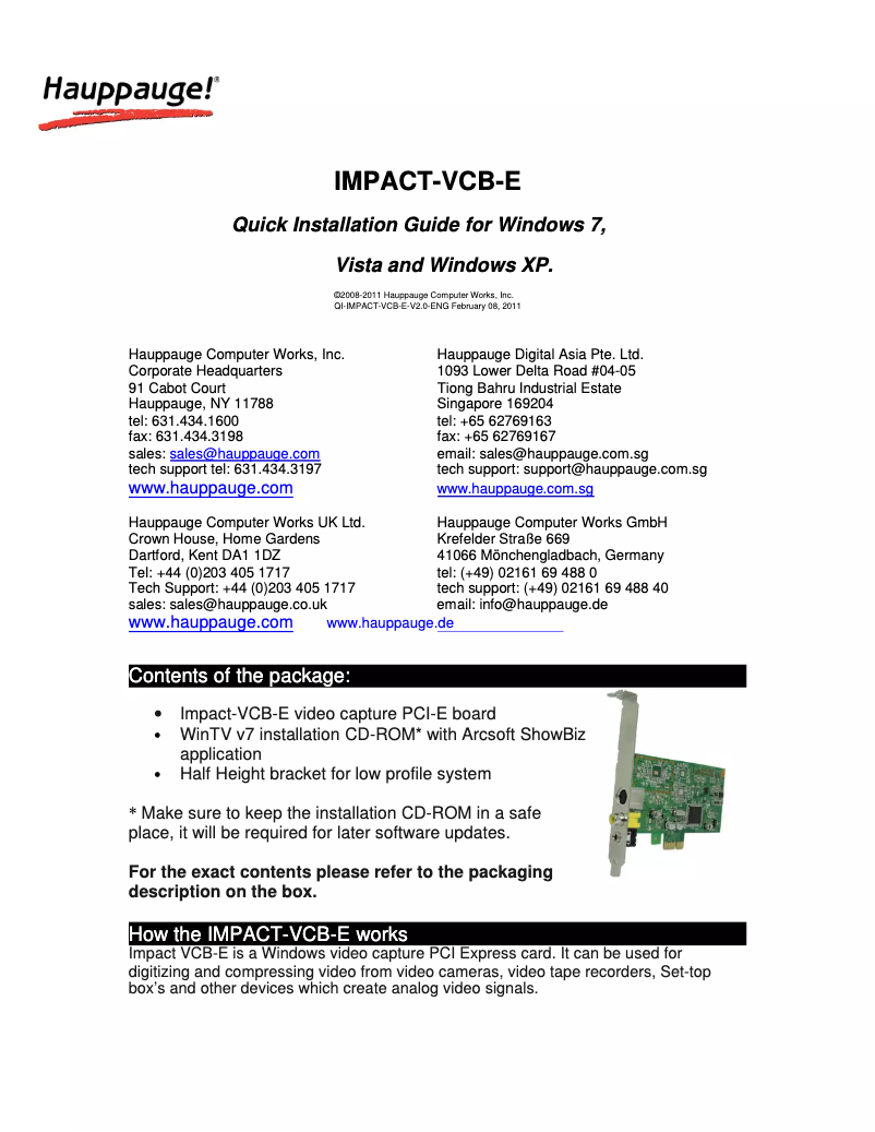 Page n°1 - Manuel utilisateur Hauppauge Impact-VCB-e