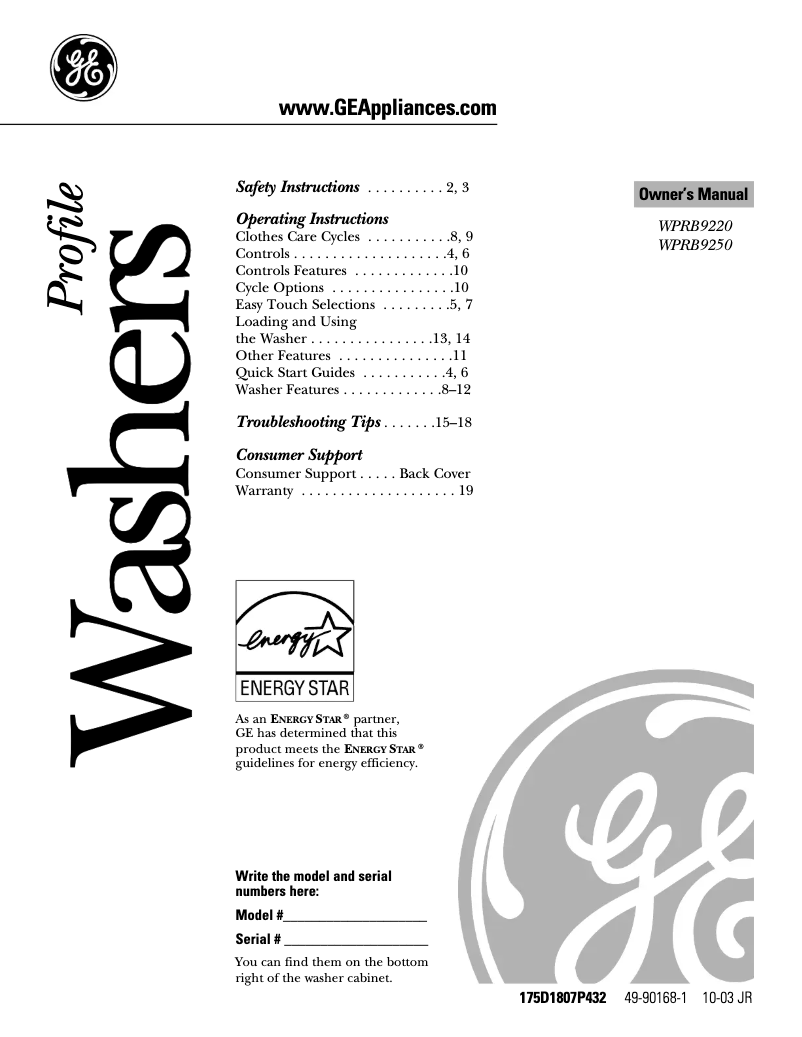 Page n°1 - Manuel d'utilisation et d'entretien GE Profile WPRB9250DCC