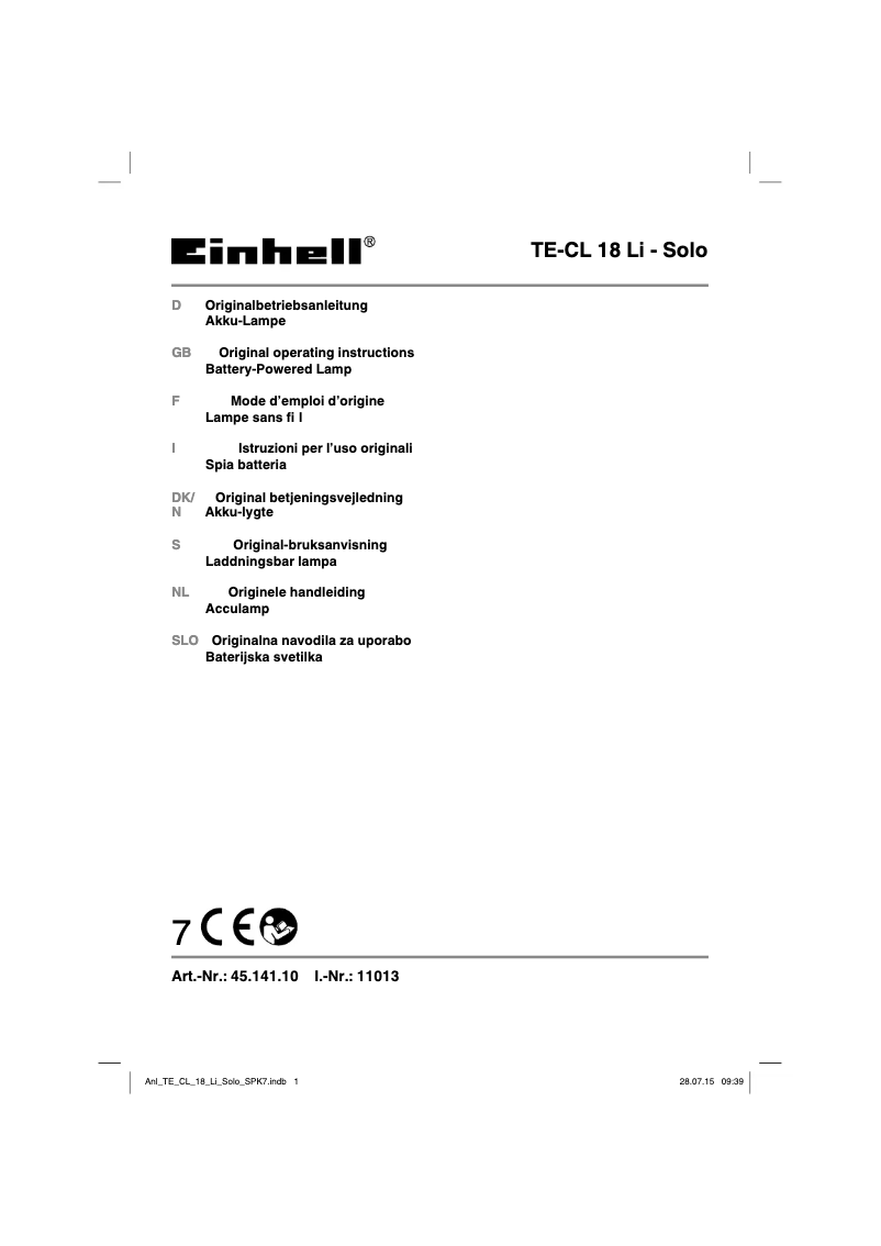 Page n°1 - Manuel utilisateur Einhell TE-CL 18 Li - Solo