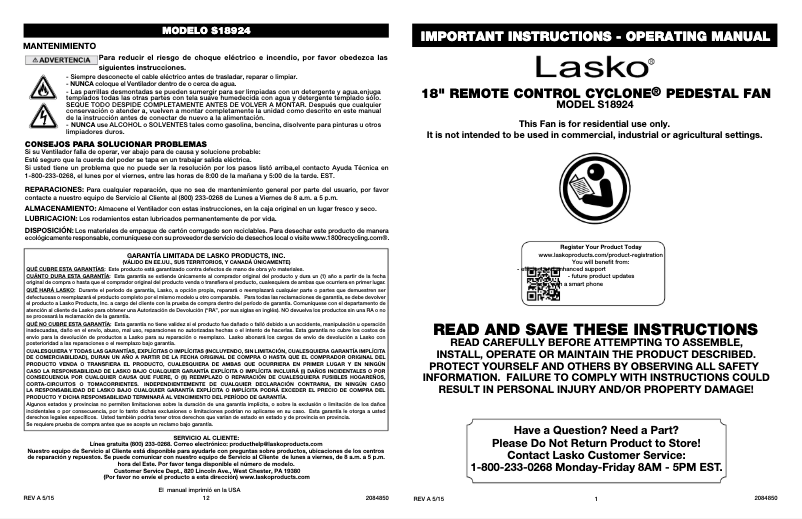 Page 1 de la notice Manuel utilisateur Lasko S18924