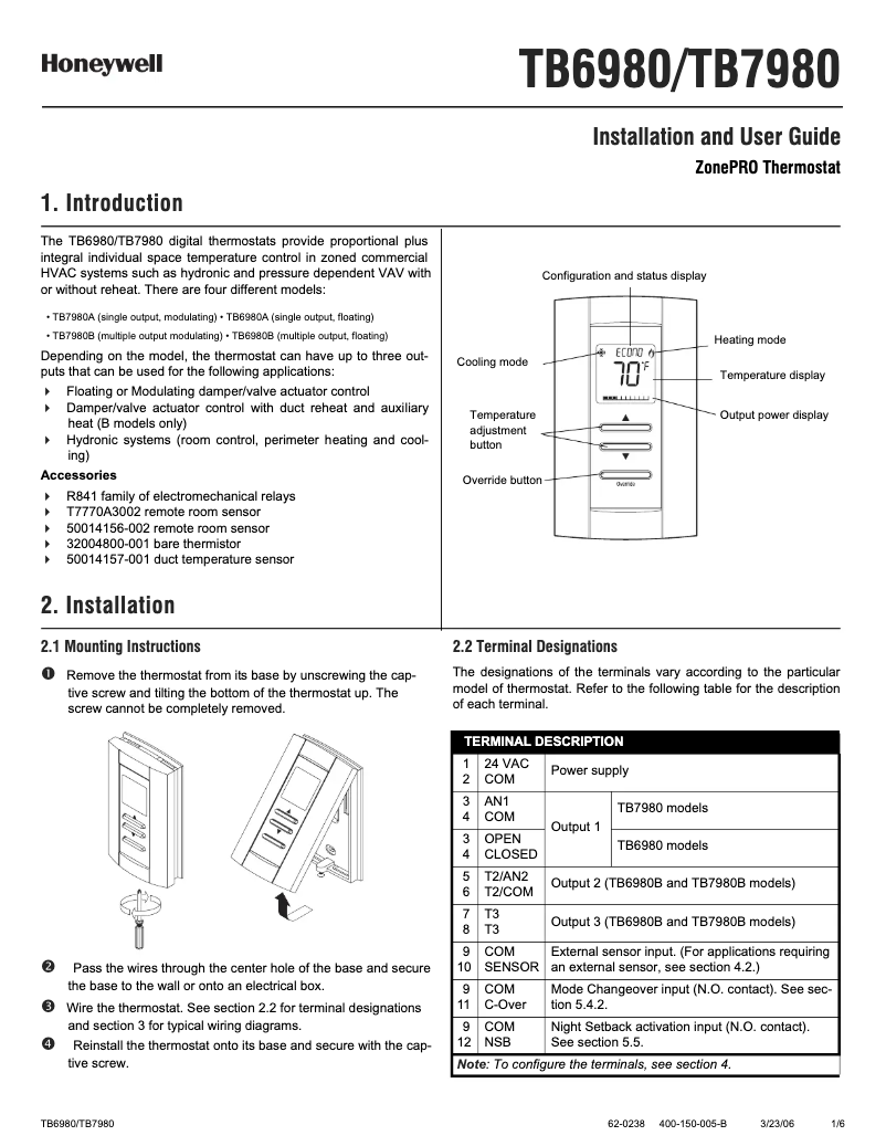 Page n°1 - Manuel utilisateur Honeywell TB6980