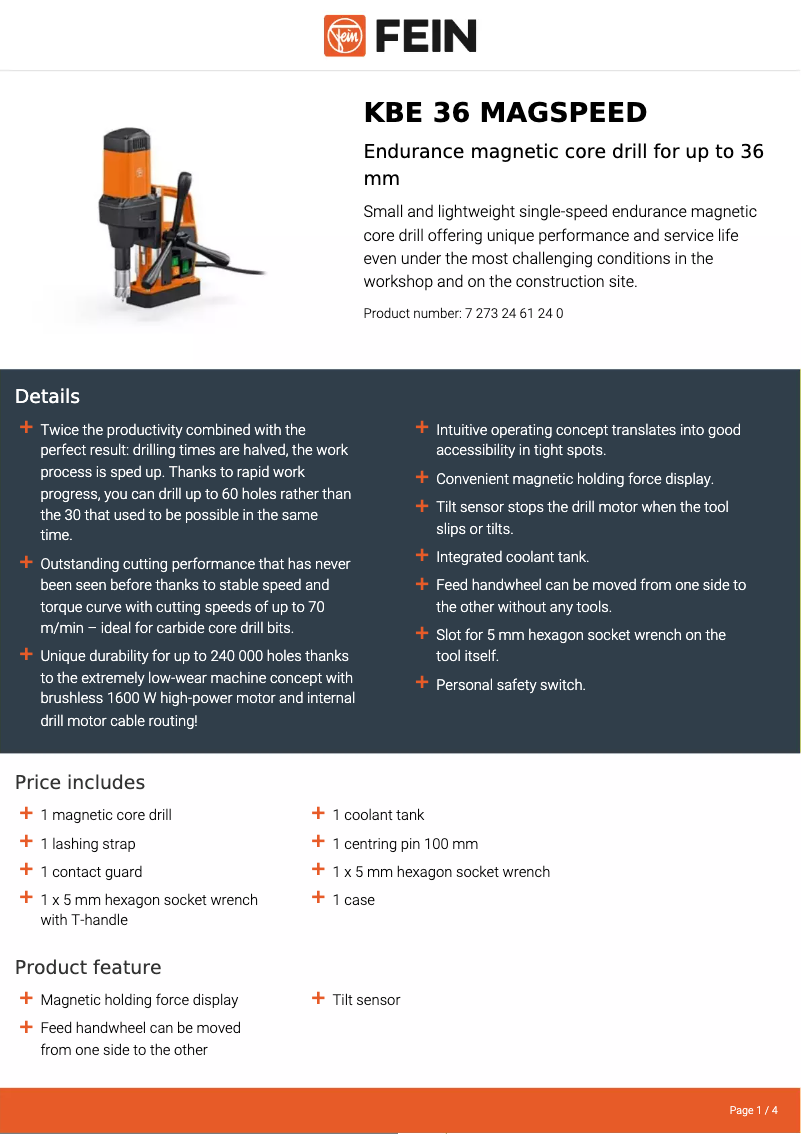 Página 1 del manual Ficha técnica Fein KBE 36 MAGSPEED